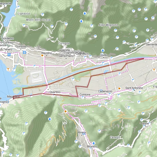 Mapa miniatúra "Gravel Tour around Magadino" cyklistická inšpirácia v Ticino, Switzerland. Vygenerované cyklistickým plánovačom trás Tarmacs.app