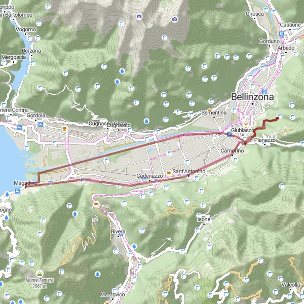 Miniatura della mappa di ispirazione al ciclismo "Gravel da Magadino a Giubiasco" nella regione di Ticino, Switzerland. Generata da Tarmacs.app, pianificatore di rotte ciclistiche