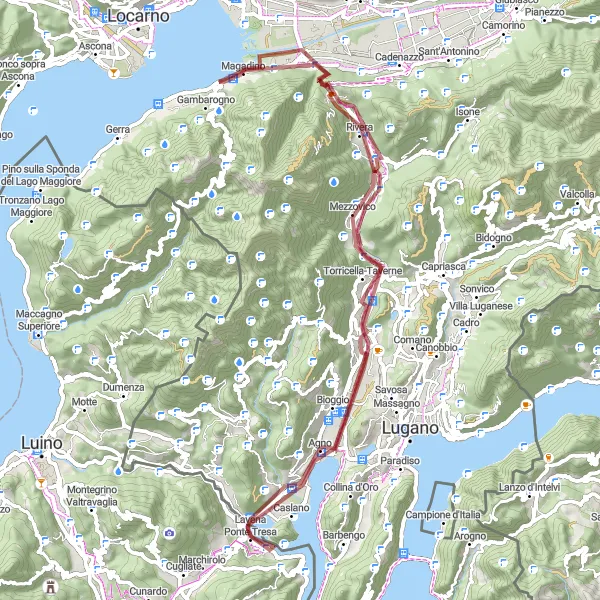Map miniature of "The Gravel Mountain Escape" cycling inspiration in Ticino, Switzerland. Generated by Tarmacs.app cycling route planner