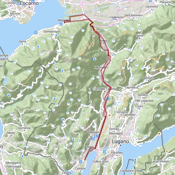 Miniature de la carte de l'inspiration cycliste "Randonnée dans les terres de Monte Ceneri" dans la Ticino, Switzerland. Générée par le planificateur d'itinéraire cycliste Tarmacs.app