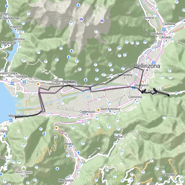 Miniatuurkaart van de fietsinspiratie "Wegroute via Gudo en Bellinzona" in Ticino, Switzerland. Gemaakt door de Tarmacs.app fietsrouteplanner