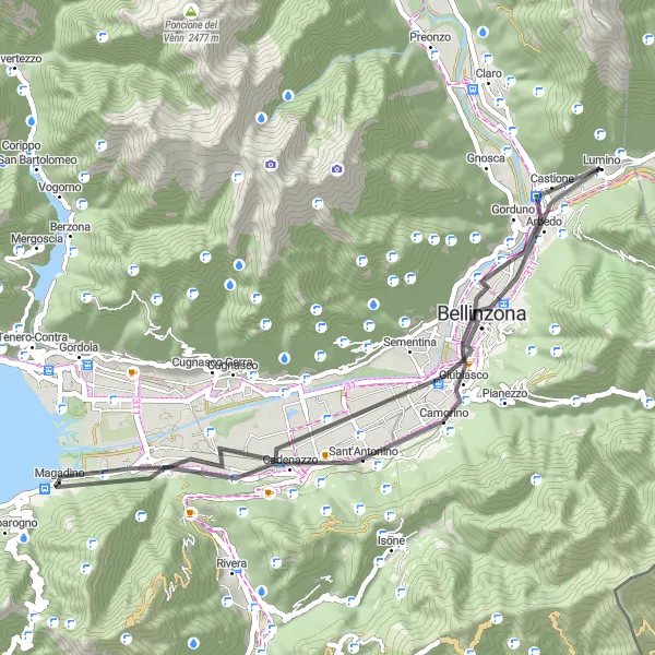 Miniaturní mapa "Trasa Bellinzona" inspirace pro cyklisty v oblasti Ticino, Switzerland. Vytvořeno pomocí plánovače tras Tarmacs.app