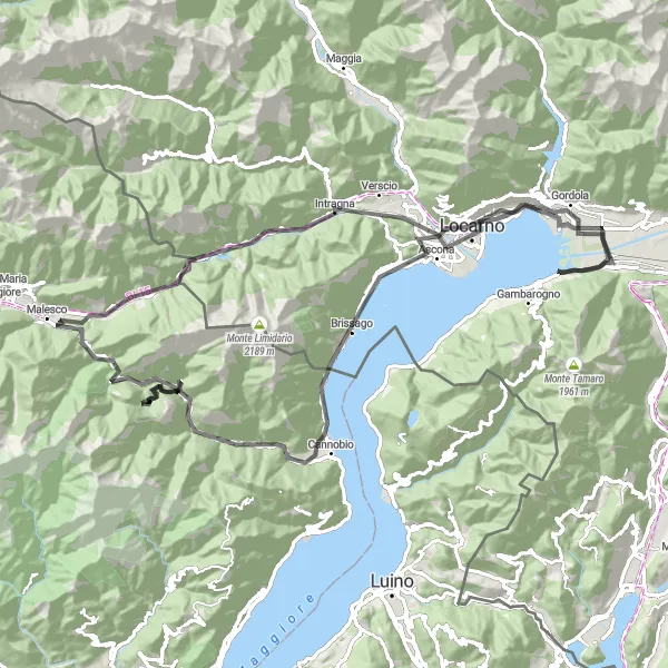 Map miniature of "Sweeping Alpine Adventure" cycling inspiration in Ticino, Switzerland. Generated by Tarmacs.app cycling route planner