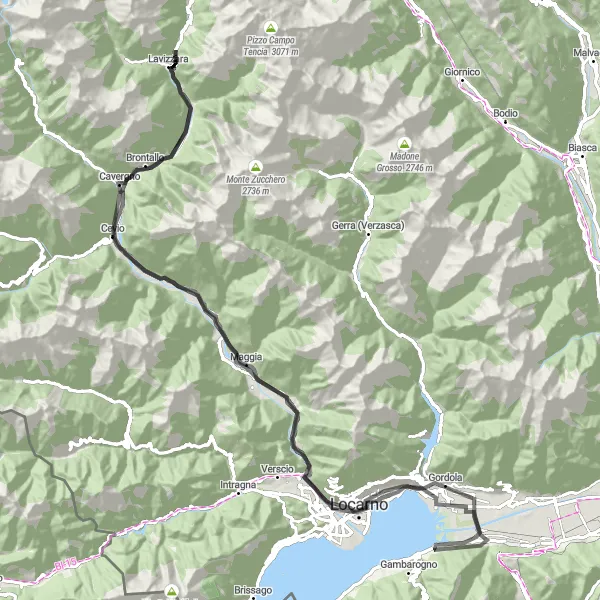 Miniatua del mapa de inspiración ciclista "Aventura ciclista a través de Locarno y Madonna del Sasso" en Ticino, Switzerland. Generado por Tarmacs.app planificador de rutas ciclistas