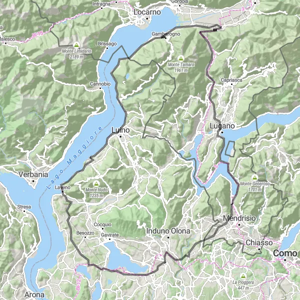 Miniatuurkaart van de fietsinspiratie "Lange wegroute naar Leggiuno" in Ticino, Switzerland. Gemaakt door de Tarmacs.app fietsrouteplanner