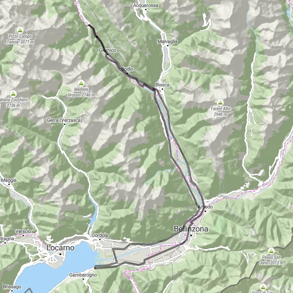 Zemljevid v pomanjšavi "Road Cycling through Bellinzona" kolesarske inspiracije v Ticino, Switzerland. Generirano z načrtovalcem kolesarskih poti Tarmacs.app