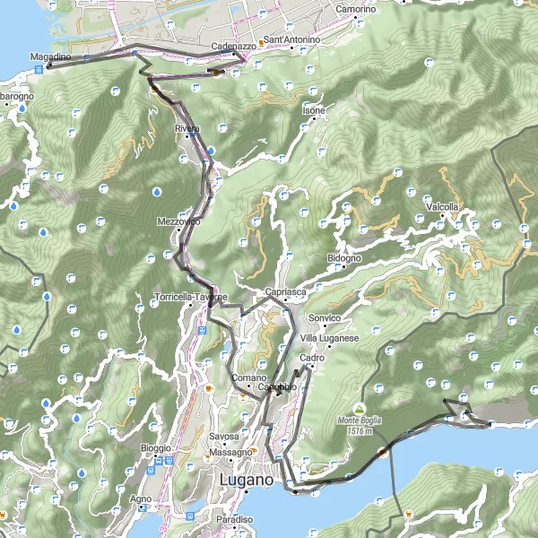 Miniature de la carte de l'inspiration cycliste "Tour Road Rivera - Monte Bre" dans la Ticino, Switzerland. Générée par le planificateur d'itinéraire cycliste Tarmacs.app