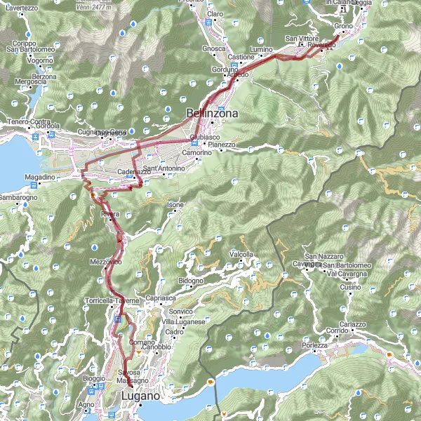 Miniatura della mappa di ispirazione al ciclismo "Vibrazioni naturali da Massagno a Massagno" nella regione di Ticino, Switzerland. Generata da Tarmacs.app, pianificatore di rotte ciclistiche