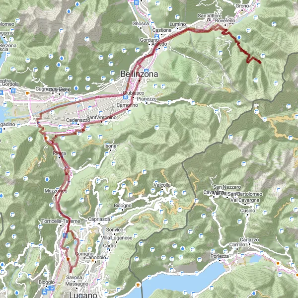 Miniaturekort af cykelinspirationen "Eventyr gennem Ticino's grusstier" i Ticino, Switzerland. Genereret af Tarmacs.app cykelruteplanlægger