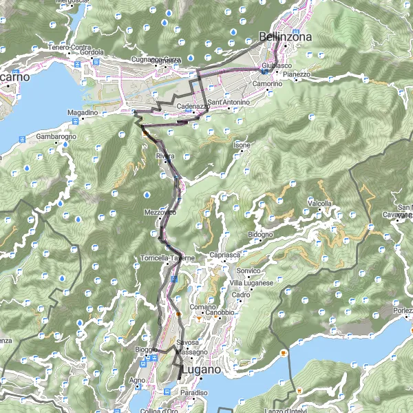 Miniatura della mappa di ispirazione al ciclismo "Giro in bicicletta da Massagno a Monte Ceneri" nella regione di Ticino, Switzerland. Generata da Tarmacs.app, pianificatore di rotte ciclistiche