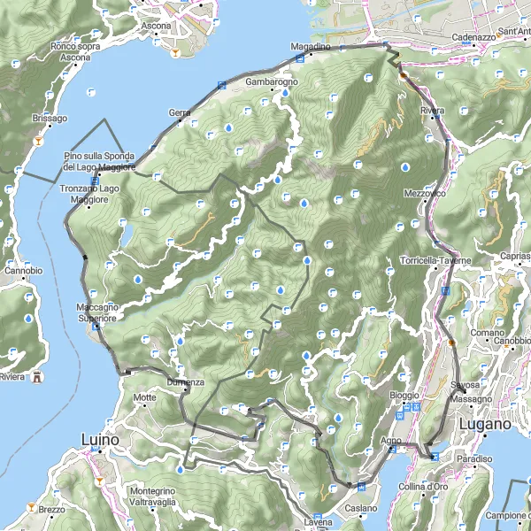 Karttaminiaatyyri "Lago di Lugano ja Monte San Giorgio kierros" pyöräilyinspiraatiosta alueella Ticino, Switzerland. Luotu Tarmacs.app pyöräilyreittisuunnittelijalla