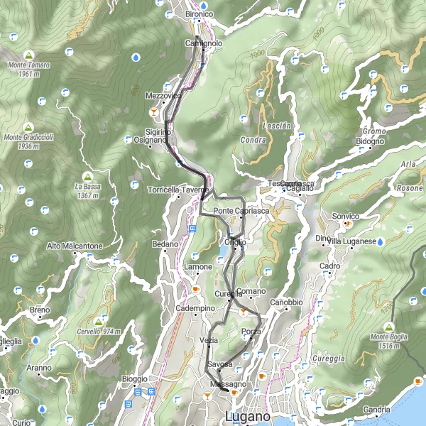 Karttaminiaatyyri "Lyhyt ja makea" pyöräilyinspiraatiosta alueella Ticino, Switzerland. Luotu Tarmacs.app pyöräilyreittisuunnittelijalla