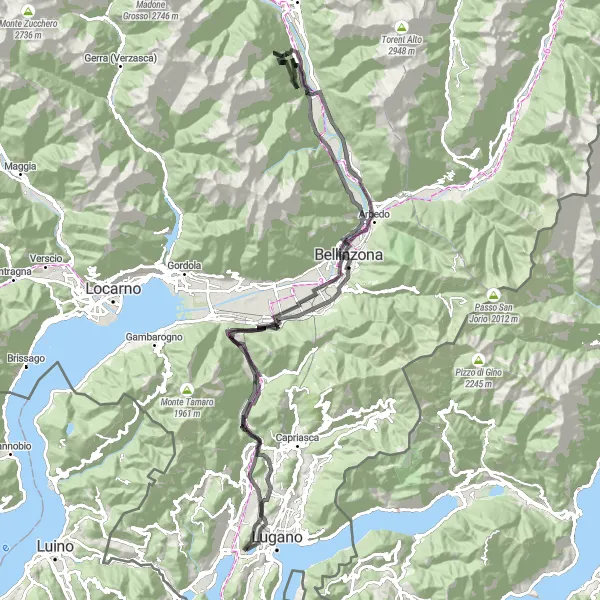 Miniatua del mapa de inspiración ciclista "Gran Ruta de Montañas y Lagos" en Ticino, Switzerland. Generado por Tarmacs.app planificador de rutas ciclistas