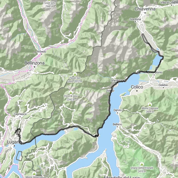 Miniature de la carte de l'inspiration cycliste "Défi Alpin Lario" dans la Ticino, Switzerland. Générée par le planificateur d'itinéraire cycliste Tarmacs.app