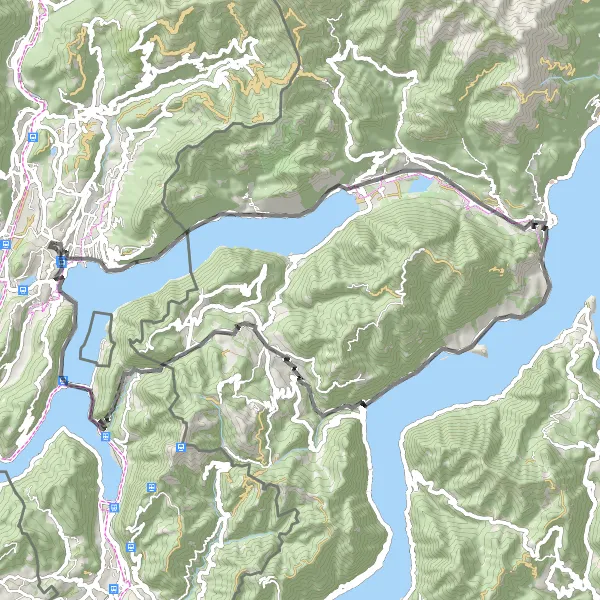 Miniature de la carte de l'inspiration cycliste "Tour du Lac de Lugano et Montagne" dans la Ticino, Switzerland. Générée par le planificateur d'itinéraire cycliste Tarmacs.app