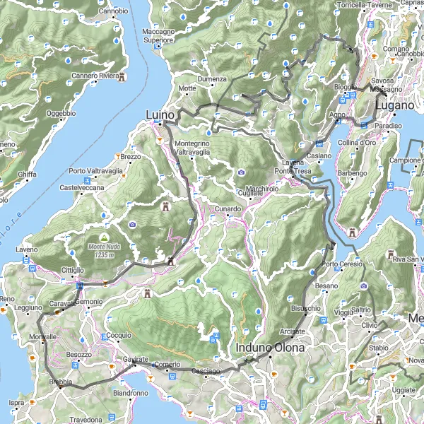 Karttaminiaatyyri "Vuorikiertoreitti Massagnon lähistöltä" pyöräilyinspiraatiosta alueella Ticino, Switzerland. Luotu Tarmacs.app pyöräilyreittisuunnittelijalla