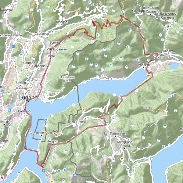 Map miniature of "Gravel Adventure to Monte San Salvatore" cycling inspiration in Ticino, Switzerland. Generated by Tarmacs.app cycling route planner