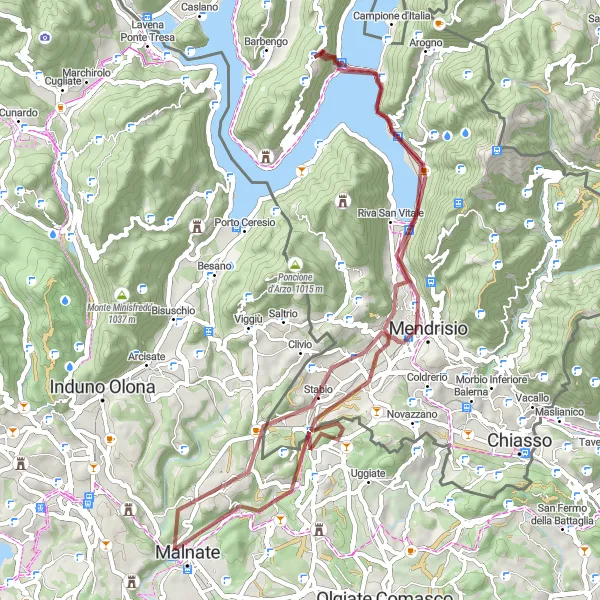 Miniatura mapy "Trasa gravelowa przez Melide i Montalbano" - trasy rowerowej w Ticino, Switzerland. Wygenerowane przez planer tras rowerowych Tarmacs.app