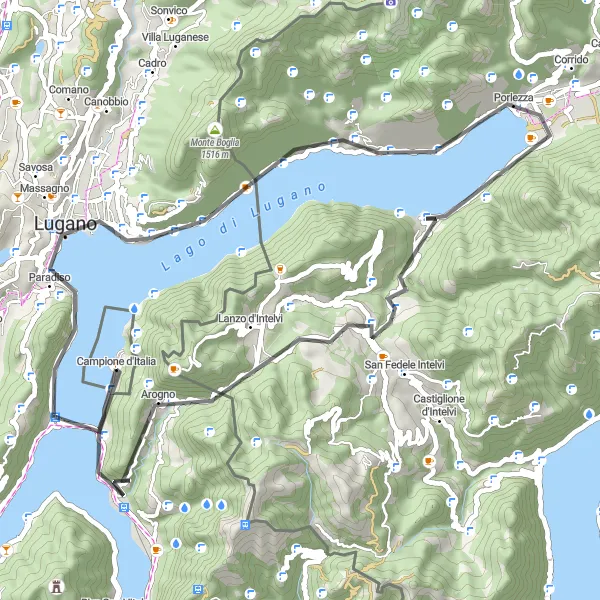 Miniature de la carte de l'inspiration cycliste "Monte dei Pizzoni et Lac de Lugano" dans la Ticino, Switzerland. Générée par le planificateur d'itinéraire cycliste Tarmacs.app