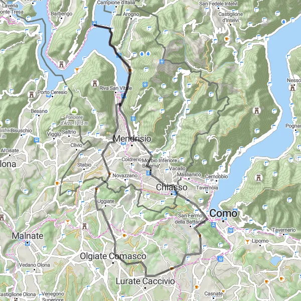 Miniatua del mapa de inspiración ciclista "Ruta de carretera cerca de Melide" en Ticino, Switzerland. Generado por Tarmacs.app planificador de rutas ciclistas