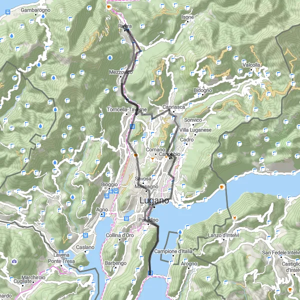 Miniatua del mapa de inspiración ciclista "Ruta de Lugano y Monte San Salvatore" en Ticino, Switzerland. Generado por Tarmacs.app planificador de rutas ciclistas