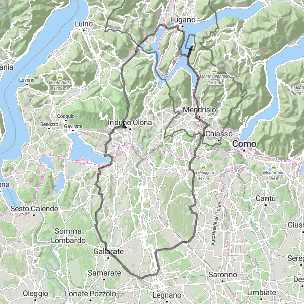 Miniatuurkaart van de fietsinspiratie "Riva San Vitale naar Lavena Ponte Tresa Route" in Ticino, Switzerland. Gemaakt door de Tarmacs.app fietsrouteplanner