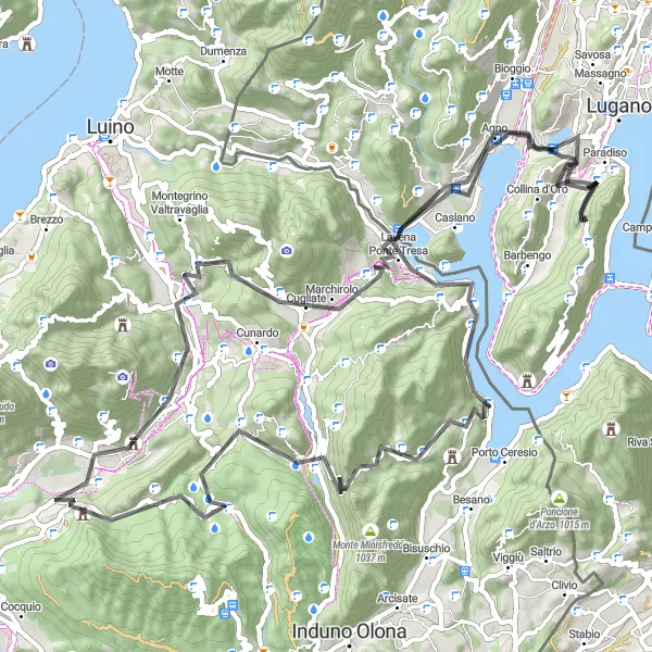 Karttaminiaatyyri "Melide - Brinzio - Caslano - Melide" pyöräilyinspiraatiosta alueella Ticino, Switzerland. Luotu Tarmacs.app pyöräilyreittisuunnittelijalla