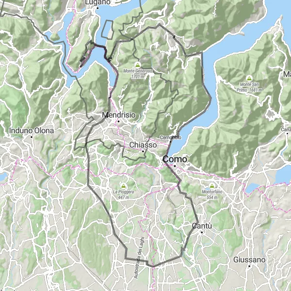 Miniatura della mappa di ispirazione al ciclismo "Circuito avventuroso dei Monti di Como" nella regione di Ticino, Switzerland. Generata da Tarmacs.app, pianificatore di rotte ciclistiche