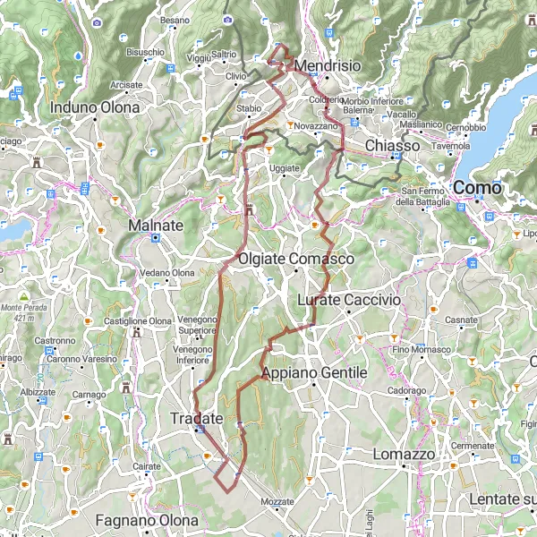 Kartminiatyr av "Grusvei Eventyr i Mendrisio" sykkelinspirasjon i Ticino, Switzerland. Generert av Tarmacs.app sykkelrutoplanlegger