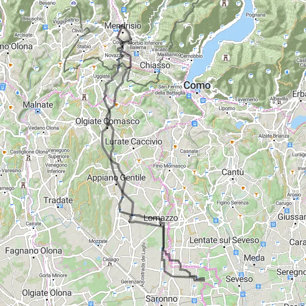 Miniature de la carte de l'inspiration cycliste "Boucle pittoresque de Mendrisio à Mendrisio via Foto-Spot" dans la Ticino, Switzerland. Générée par le planificateur d'itinéraire cycliste Tarmacs.app