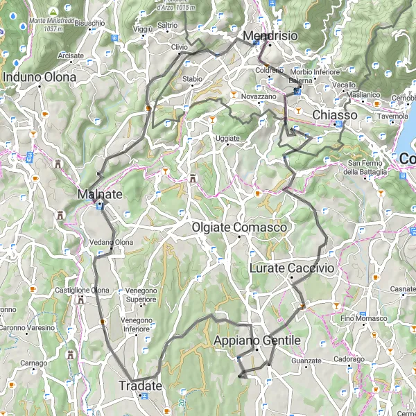 Miniaturní mapa "Okružní cyklistická trasa z Mendrisia" inspirace pro cyklisty v oblasti Ticino, Switzerland. Vytvořeno pomocí plánovače tras Tarmacs.app
