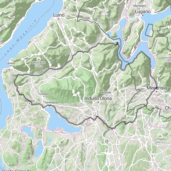 Miniaturekort af cykelinspirationen "Søen Varese og Monte Sangiano Rundtur" i Ticino, Switzerland. Genereret af Tarmacs.app cykelruteplanlægger