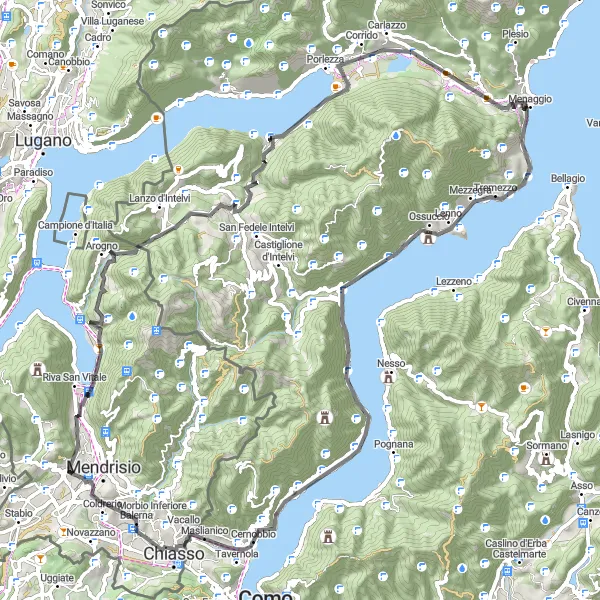 Karttaminiaatyyri "Mendrisio - Il Monticello - Argegno - Mendrisio" pyöräilyinspiraatiosta alueella Ticino, Switzerland. Luotu Tarmacs.app pyöräilyreittisuunnittelijalla