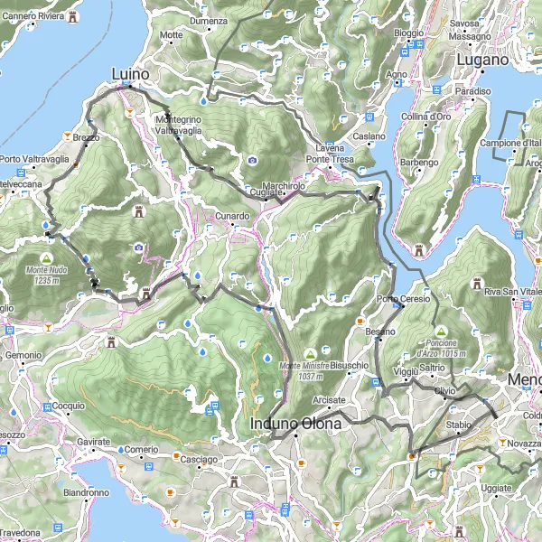 Miniature de la carte de l'inspiration cycliste "Tour panoramique de Mendrisio à Mendrisio via Luino" dans la Ticino, Switzerland. Générée par le planificateur d'itinéraire cycliste Tarmacs.app