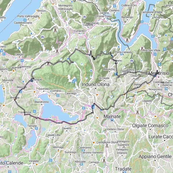 Miniature de la carte de l'inspiration cycliste "Escapade pittoresque de Belmonte à Saltrio via Monte di Travedona" dans la Ticino, Switzerland. Générée par le planificateur d'itinéraire cycliste Tarmacs.app