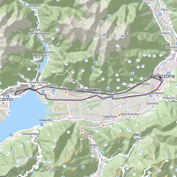 Miniatura della mappa di ispirazione al ciclismo "Giro in bicicletta tra Gordola e Giubiasco" nella regione di Ticino, Switzerland. Generata da Tarmacs.app, pianificatore di rotte ciclistiche