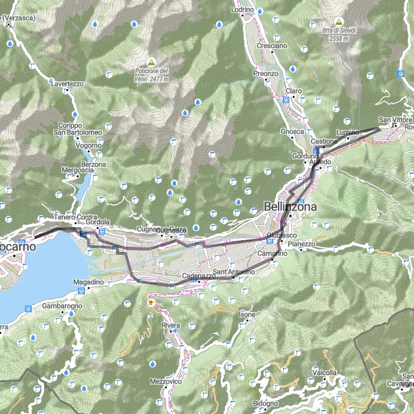 Miniatua del mapa de inspiración ciclista "Ruta de ciclismo de carretera por Cadenazzo y Bellinzona" en Ticino, Switzerland. Generado por Tarmacs.app planificador de rutas ciclistas