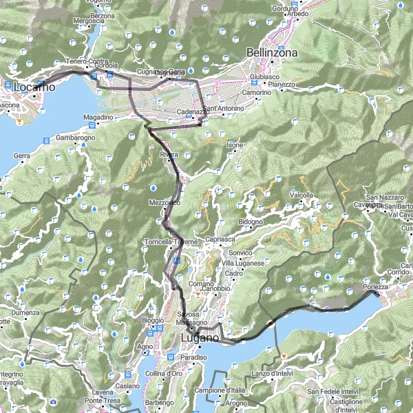 Miniaturní mapa "Výzva pro zkušené cyklisty okolo Lugana" inspirace pro cyklisty v oblasti Ticino, Switzerland. Vytvořeno pomocí plánovače tras Tarmacs.app