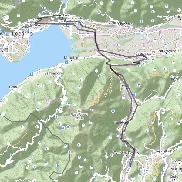 Karttaminiaatyyri "Contra - Bironico - Monte Ceneri - Minusio loop" pyöräilyinspiraatiosta alueella Ticino, Switzerland. Luotu Tarmacs.app pyöräilyreittisuunnittelijalla