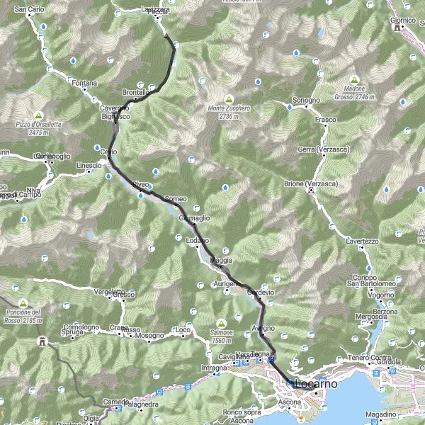 Miniatua del mapa de inspiración ciclista "Ruta escénica de ciclismo de carretera por Locarno y Gordevio" en Ticino, Switzerland. Generado por Tarmacs.app planificador de rutas ciclistas