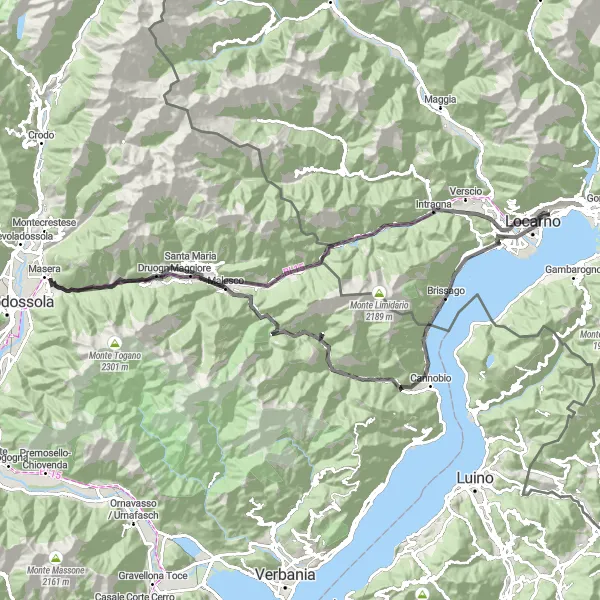 Map miniature of "Road Cycling from Minusio" cycling inspiration in Ticino, Switzerland. Generated by Tarmacs.app cycling route planner