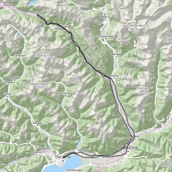 Map miniature of "Mountainous Road Cycling Route near Minusio" cycling inspiration in Ticino, Switzerland. Generated by Tarmacs.app cycling route planner