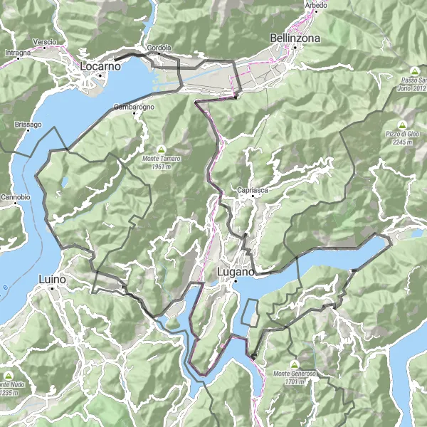 Miniaturekort af cykelinspirationen "Lago Maggiore og Luganosøen Circuit" i Ticino, Switzerland. Genereret af Tarmacs.app cykelruteplanlægger