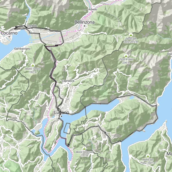 Miniature de la carte de l'inspiration cycliste "Le tour des montagnes de Lugano" dans la Ticino, Switzerland. Générée par le planificateur d'itinéraire cycliste Tarmacs.app