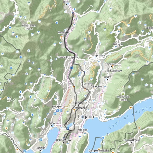 Map miniature of "The Montagnola Lakeside Route" cycling inspiration in Ticino, Switzerland. Generated by Tarmacs.app cycling route planner
