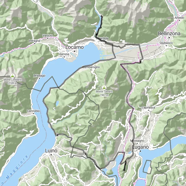 Zemljevid v pomanjšavi "Ciklotura Monte San Giorgio" kolesarske inspiracije v Ticino, Switzerland. Generirano z načrtovalcem kolesarskih poti Tarmacs.app