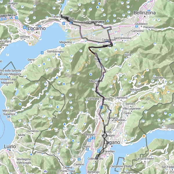Karttaminiaatyyri "Montagnolan pyörärengasreitti" pyöräilyinspiraatiosta alueella Ticino, Switzerland. Luotu Tarmacs.app pyöräilyreittisuunnittelijalla