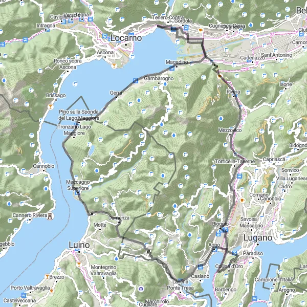 Miniatura della mappa di ispirazione al ciclismo "Tour del Monte San Giorgio" nella regione di Ticino, Switzerland. Generata da Tarmacs.app, pianificatore di rotte ciclistiche