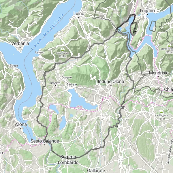 Map miniature of "Montagnola to Lavena Ponte Tresa and Mattorino" cycling inspiration in Ticino, Switzerland. Generated by Tarmacs.app cycling route planner