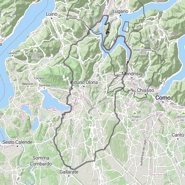Map miniature of "Montagnola to Lago di Lugano and Monte San Giorgio" cycling inspiration in Ticino, Switzerland. Generated by Tarmacs.app cycling route planner